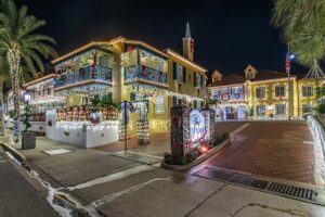 Hilton Bayfront decorated with holiday lights