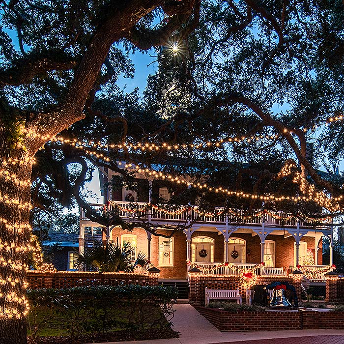 St. Augustine Lighthouse Keepers' House decorated with holiday lights